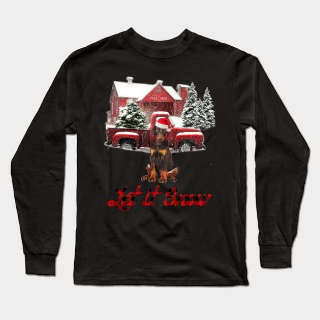 Doberman Let It Snow Tree Farm Red Truck Christmas Long Sleeve T-Shirt by cyberpunk art